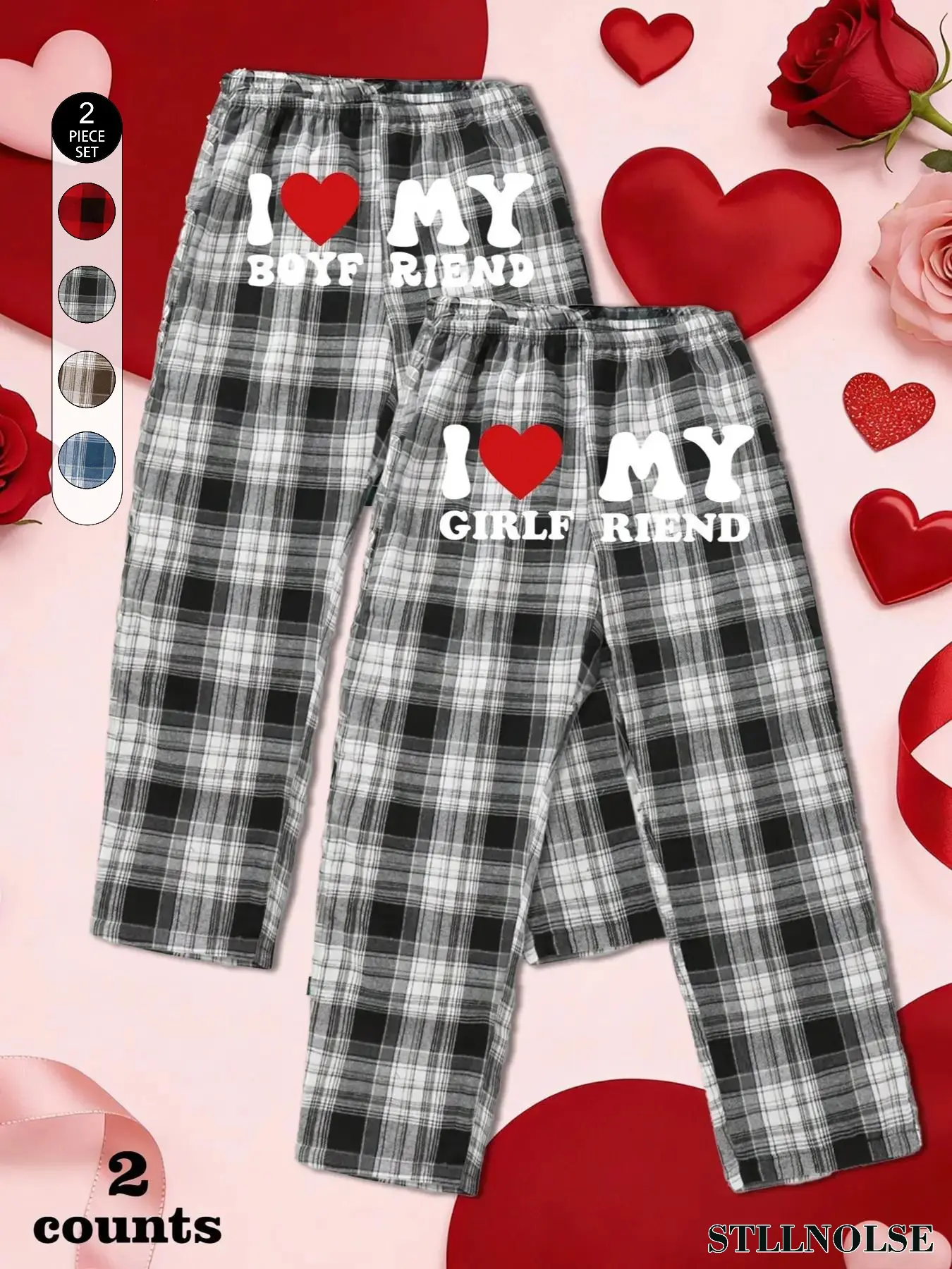 Couple Plaid Sleep Pants, Cute Fun Print, Loose-Fit Elastic Waist, Casual All-Season Pajama Set, Printed Sleepwear Set, Perfect for Home & Dates