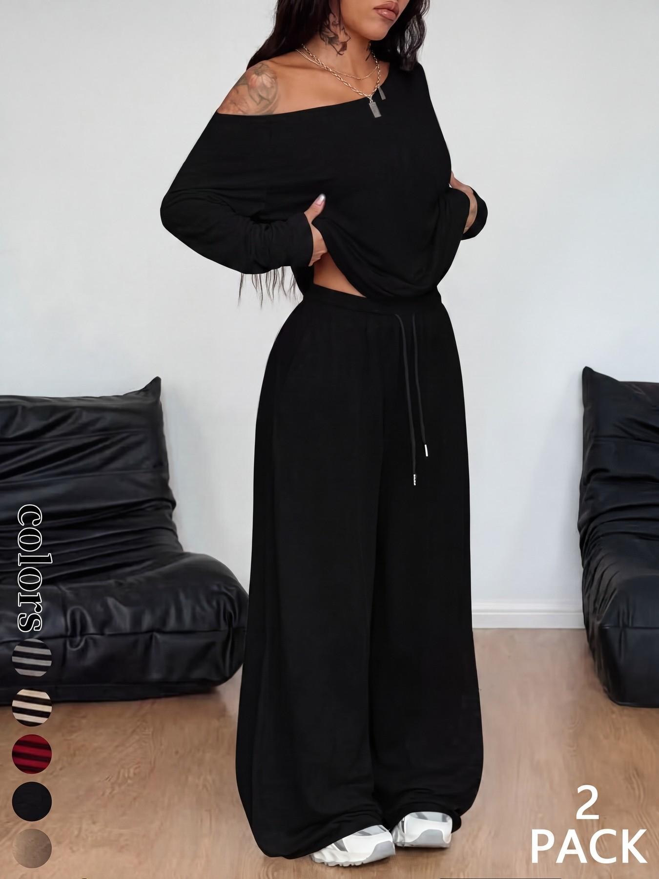 European and American Street Style Four-Season Set, Casual Long Sleeve T-Shirt and Wide Leg Baggy Pants, Comfortable Sportswear for Daily Wear