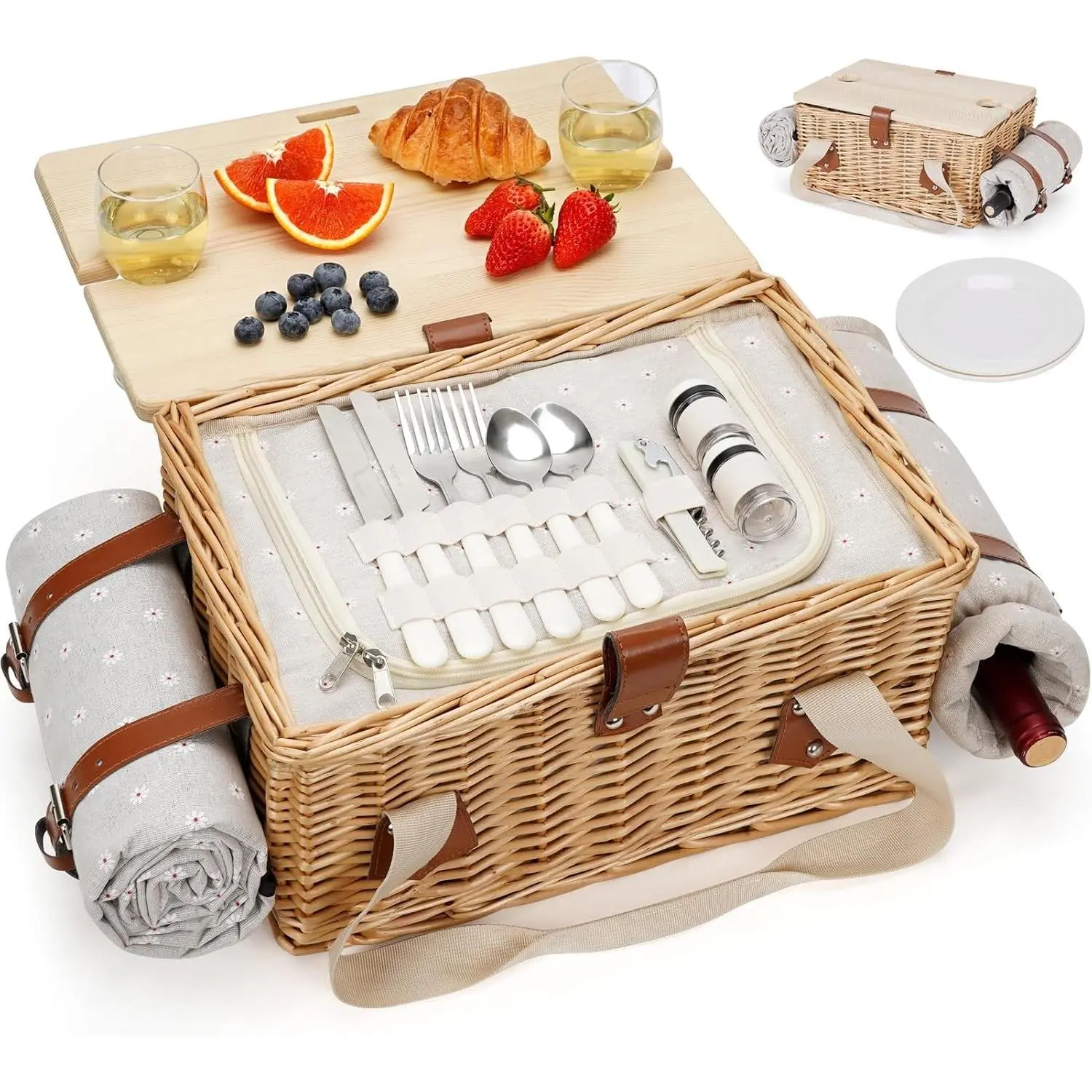 Picnic Basket for 2, Handmade Wicker Picnic Set with Folding Table and Waterproof Blanket, Large Insulated Picnic Basket with Wine Bag & Cutlery Kit for Picnic, Camping, Holidays (Flower)