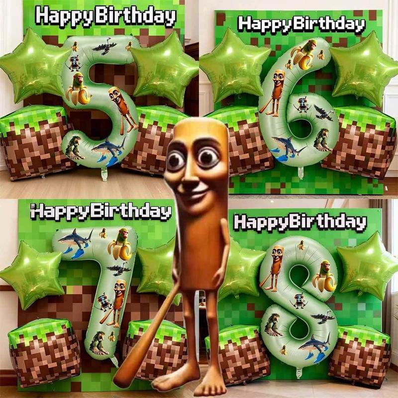 Trendy Pixel Party & Italian Brainrot Balloon Set, Large 32in Green Number Balloons 0-9 with Tralalero Tralala Characters Stickers,Star Foil Balloons, Pixel Block Balloons, for Christmas New Year Video Game Themed Birthday Party Decor, Gamer Decor