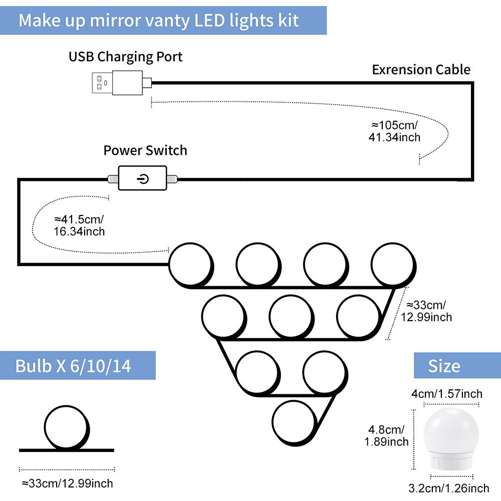 LED Vanity Light, USB Rechargeable Touch Switch Hollywood Style Makeup Mirror Light, Dimmable Makeup Mirror Light for Home Bathroom Washroom