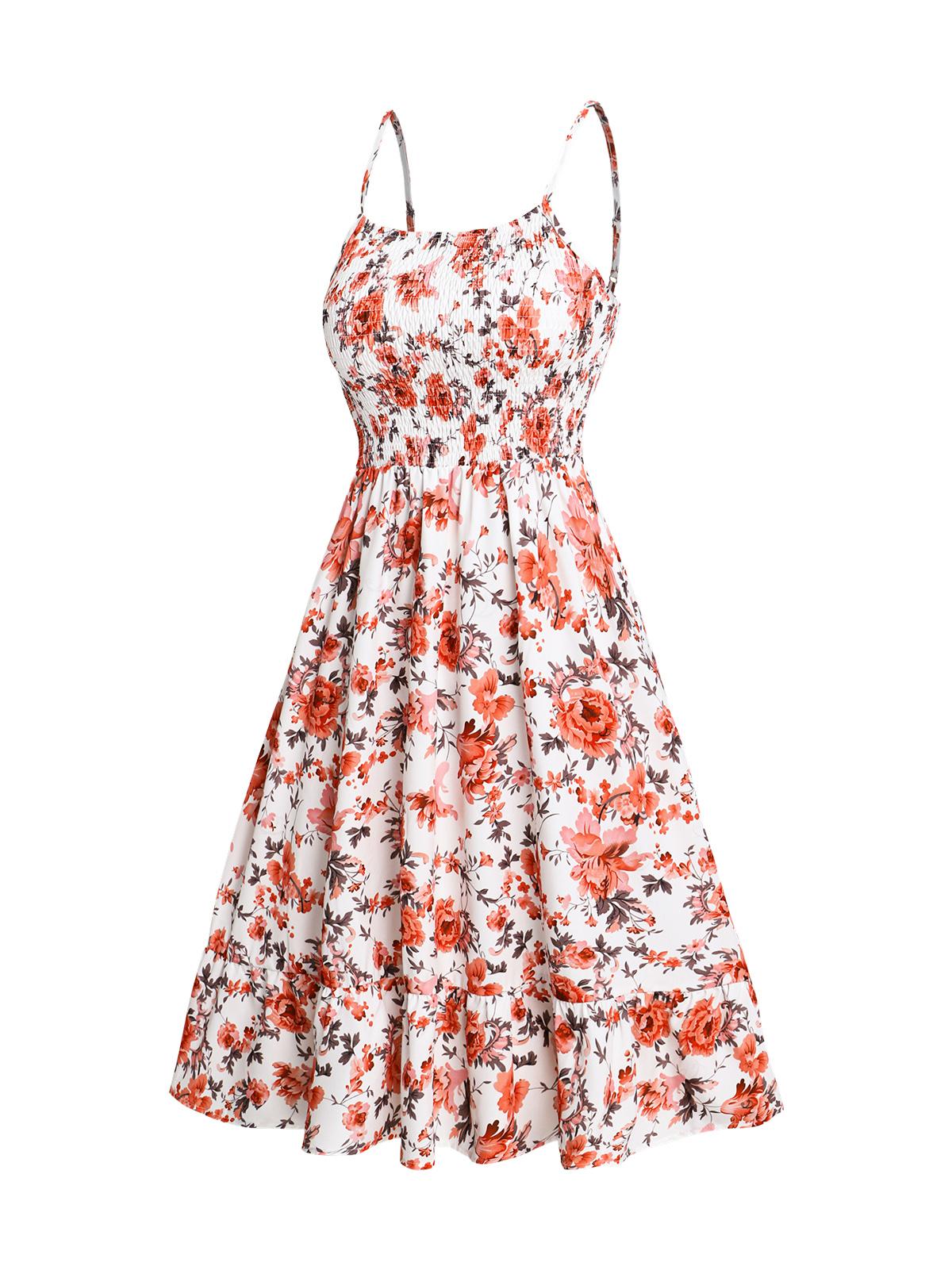 Women's Fashion Summer Dresses 2025 Floral Print Vacation Sundress Garden Party Dress Smock Back Ruffled Bowknot Mini Dress