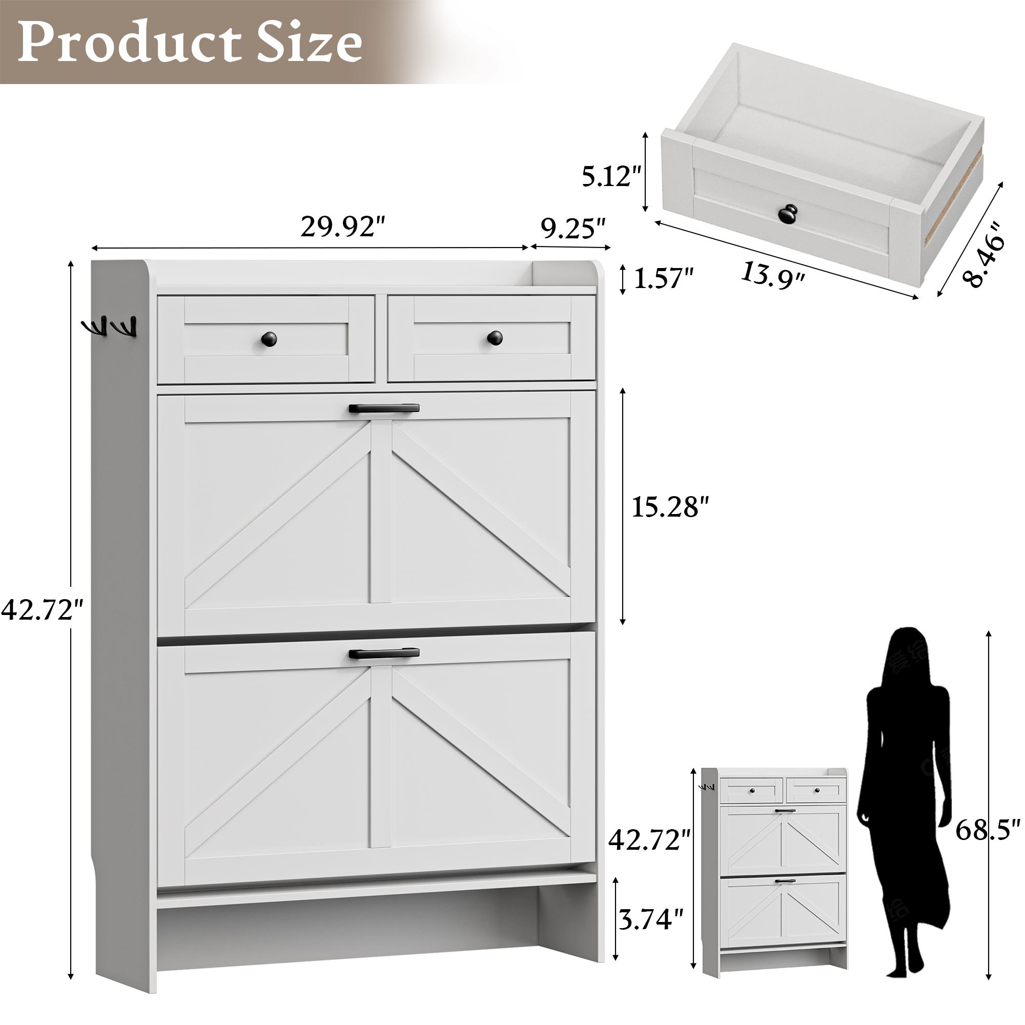 Shoe Storage Cabinet for Entryway, Farmhouse Narrow Shoe Cabinet with 2 Flip Drawers & Top Drawers, Adjustable Shelves & Hooks, Freestanding Hidden Rack Organizer for Hallway, Foyer Shoe Storage Cabinet for Entryway, Farmhouse Narrow Shoe Cabinet with 2 Flip Drawers & Top Drawers, Adjustable Shelves & Hooks, Freestanding Hidden Rack Organizer for Hallway, Foyer