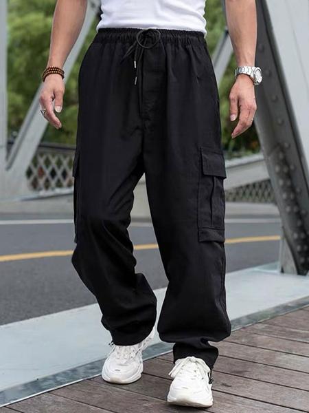 Men's Solid Color Flap Pocket Casual Slant Pocket Drawstring Waist Cargo Pants, Regular Fit Casual Street Straight Leg Trousers for Daily Wear, Men's Bottoms for All Seasons