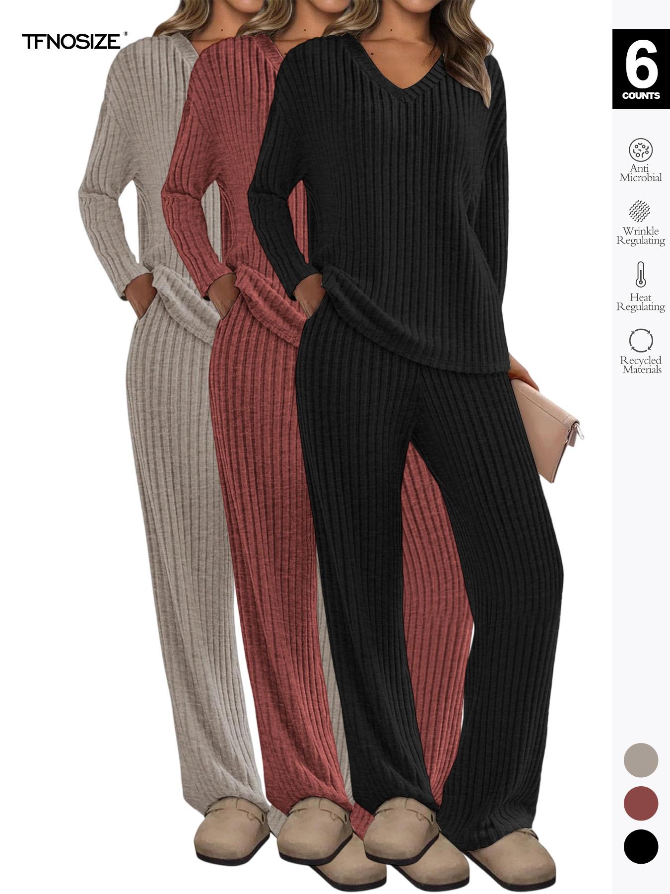 Women's Ribbed Knit 2-Piece Loungewear Set, V-Neck Oversized Long Sleeve Top, Wide-Leg Pants with Pockets, Soft Cozy Casual
