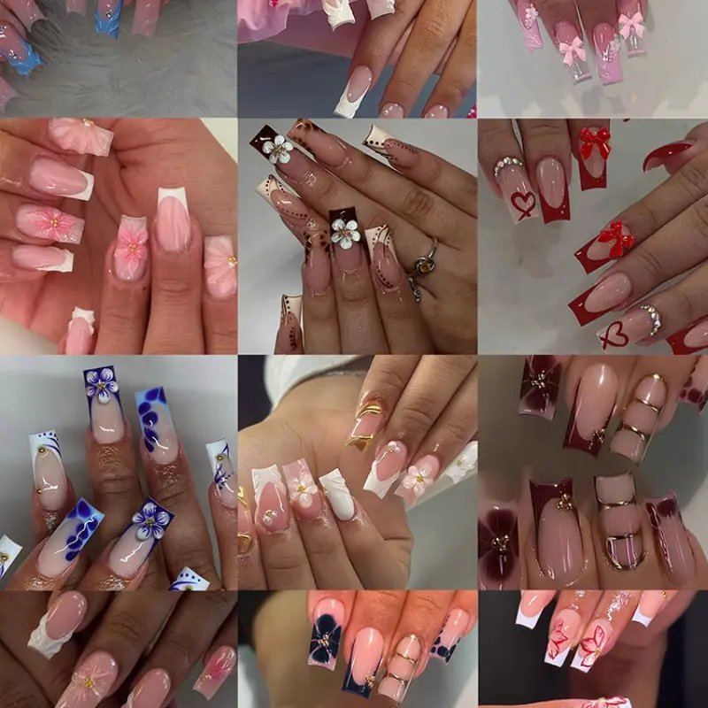 288pcs Long Square Fake Nails, Decorative Nails, Press on Nail, Blue, 3D Gel Flowers, Bowknots, Rhinestones, Perfect for Daily Use, Parties, Various Occasions