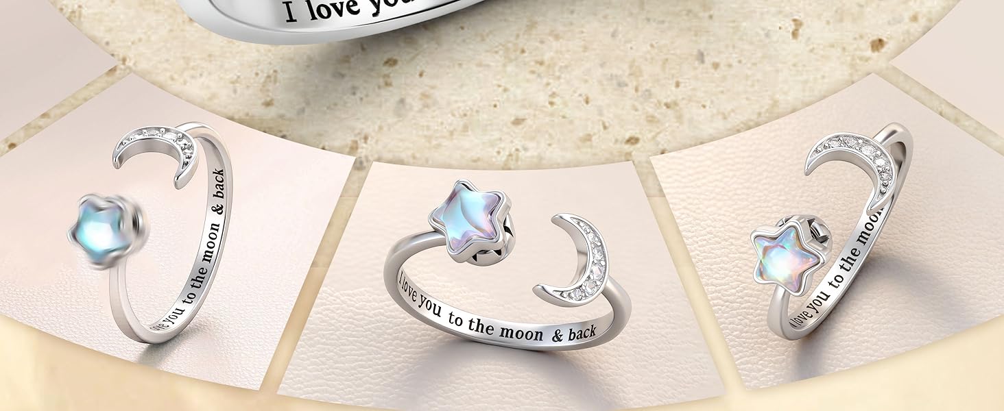 MILACOLATO Fidget Ring for Women Kids Girls Anxiety Rings Open Adjustable Silver Sunflower Opal Moonstone Star Moon Snow Lotus Spinner Mood Rings Knuckle Rings Jewellery