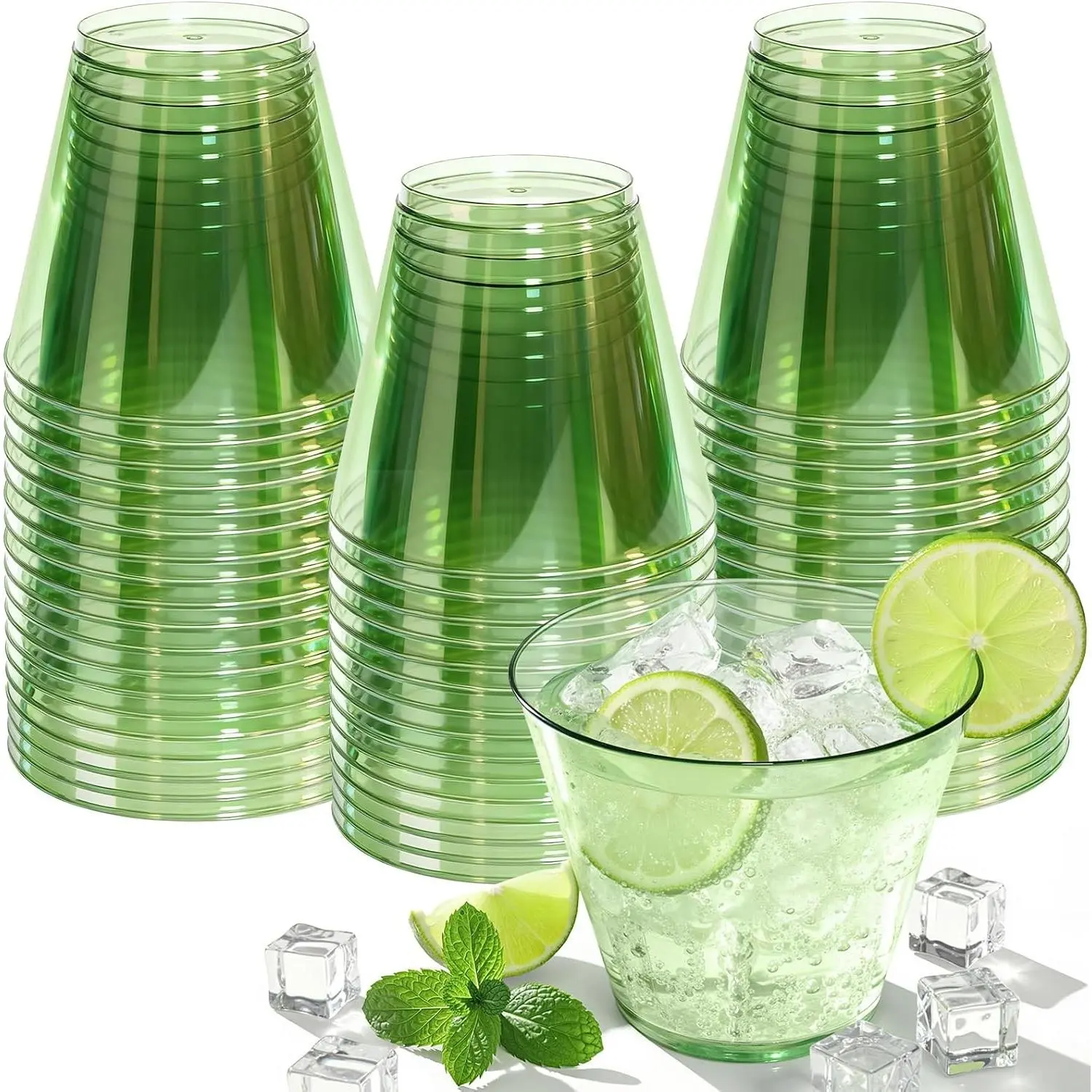 9 oz Clear Plastic Cups Green Plastic Disposable Cups for Cocktail 50 Pack Fancy Cocktail Cup for Party Stemless Wine Glasses for Wedding Graduation Birthday World Cup