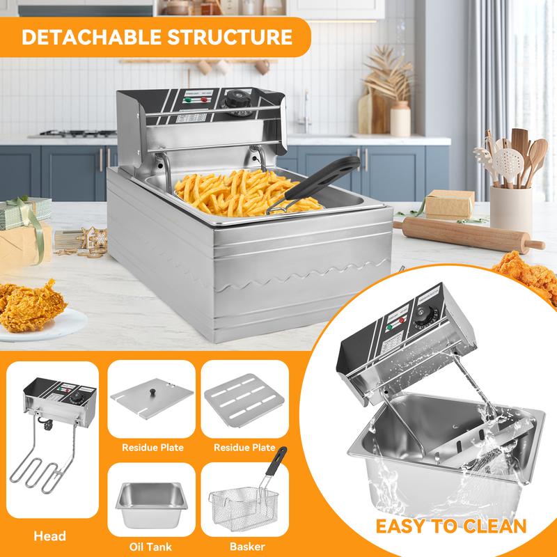 Kerilyn 22.8/6.5 QT Deep Fryer with 2 Baskets & Lids, Commercial Deep Fryer with Temperature Control, Stainless Steel Fryer, Countertop Fryers for Home Kitchen and Restaurant, 5000W