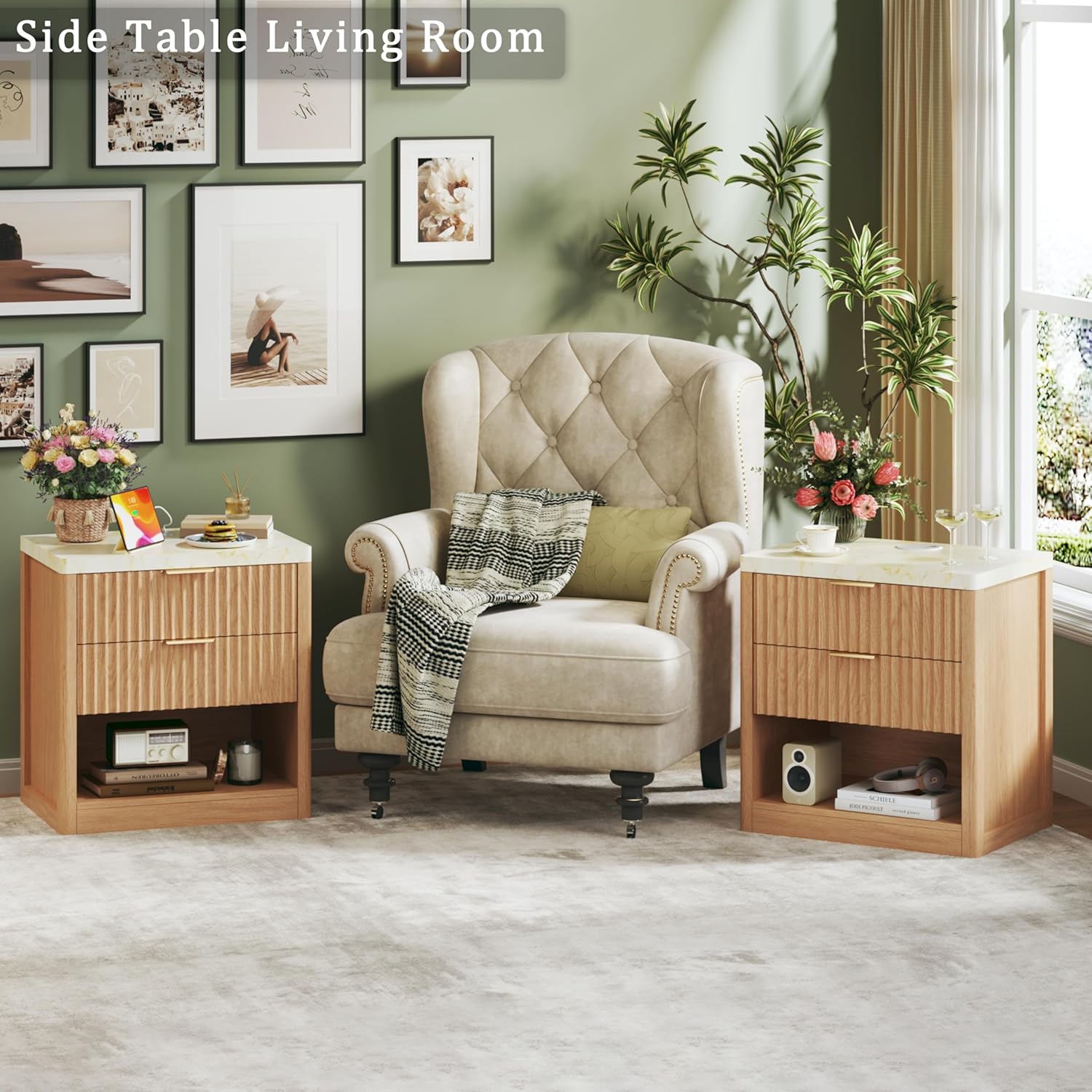 Fluted Nightstand with 2 Drawers, 24'' Night Stand with Wireless Charging Station, Mid Century Modern Side Table with Faux Marble Top, Large Wooden Bedside End Table for Bedroom, Oak Fluted Nightstand with 2 Drawers, 24'' Night Stand with Wireless Charging Station, Mid Century Modern Side Table with Faux Marble Top, Large Wooden Bedside End Table for Bedroom, Oak