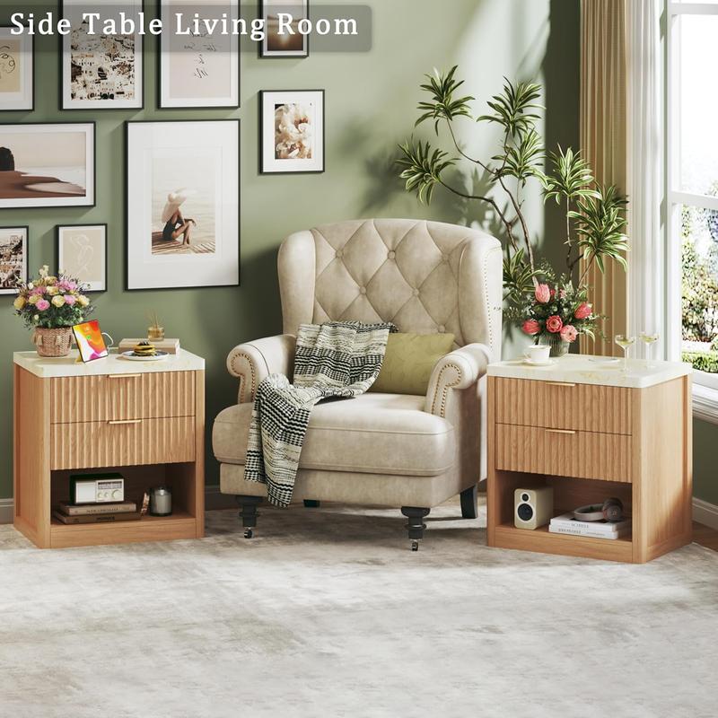 Fluted Nightstand with 2 Drawers, 24'' Night Stand with Wireless Charging Station, Mid Century Modern Side Table with Faux Marble Top, Large Wooden Bedside End Table for Bedroom, Oak