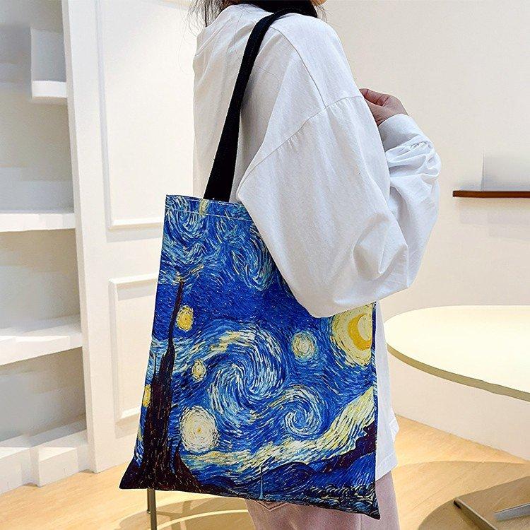 Van Gogh Starry Night Canvas Tote Bag, Vintage Retro Shoulder Bag, Large Capacity Commute School Shopping Bag, Style Van Gogh Tote