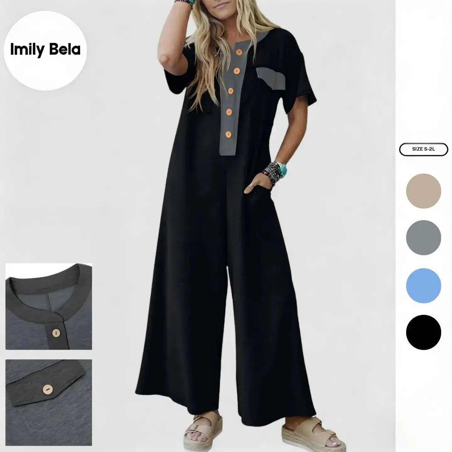 Imily Bela Womens Casual Loose Jumpsuits Short Sleeve V Neck Button Down One Piece Outfits Wide Leg Summer Long Pant Rompers with Pockets