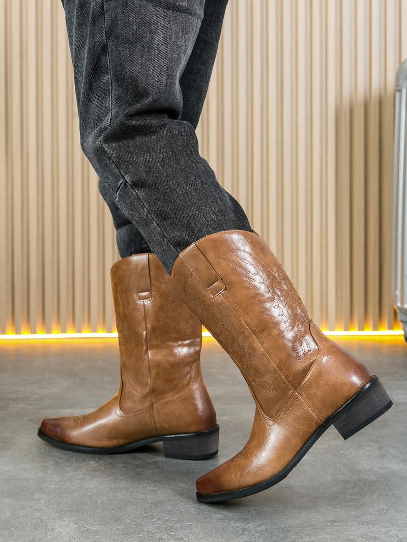 2025 Fall & Winter Mens High-top Vintage Pointed-toe Cowboy Boots - Anti-skid Slip On Shoes with PU Upper and Rubber Sole for Outdoor Horse Riding and Country Style - Comfortable PU Insole and Solid Color Design Footwear Closed