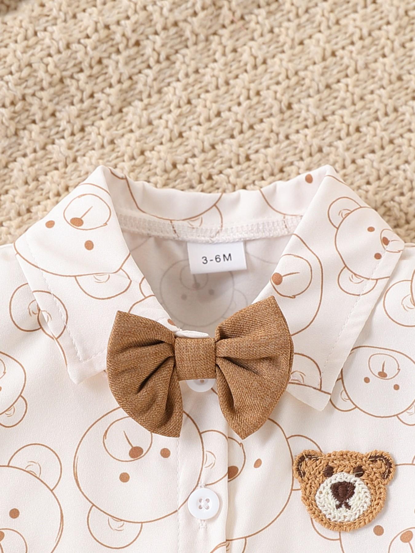 Baby Boy Bear Print Short Sleeve Shirt with Bow Shorts Set, Cute Gentleman Style Summer Comfort Two-Piece, Kids Fashion Clothing