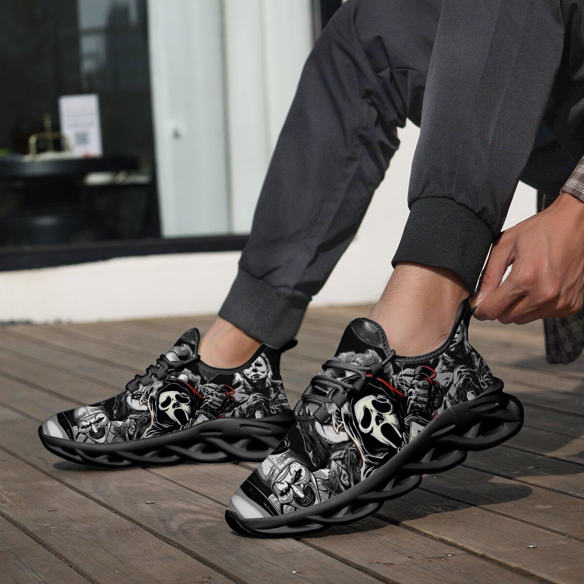 Halloween Dark Horror Mask Character Art Blade Sneakers Man Woman Hollow Wave Cushion Sole Mesh Running Shoes Monochrome Thriller Figure Collage Print Gothic Halloween Punk Casual Athletic Trainers For Men Women