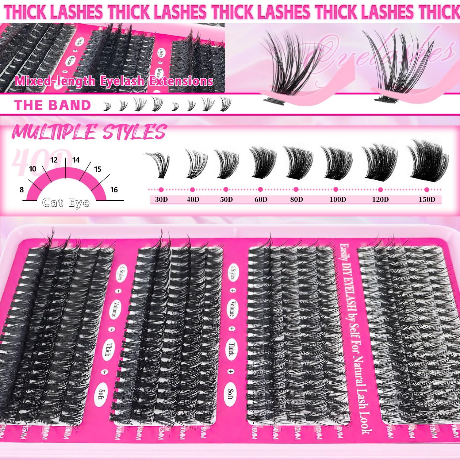 Self Adhesive Individual Lash Extensions D Curl 30D-150D Fluffy Cluster Lashes, Reusable Thick Natural 8-16mm Mixed, Dramatic Look for Party Wedding Daily Music Festival Women Gift