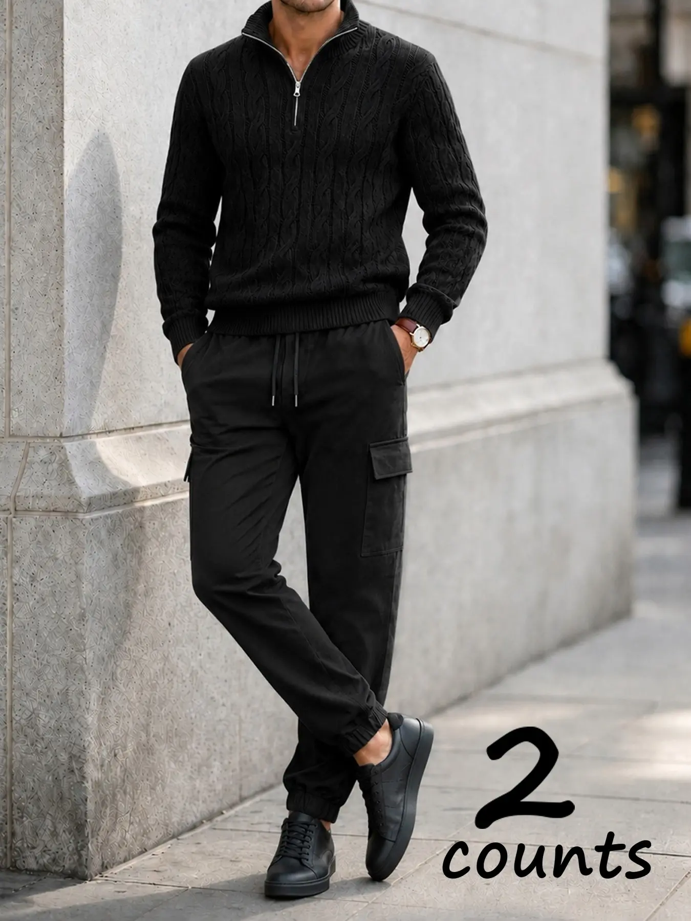 Men 2pcs Set, Half Zip Cable Knit Sweater + Drawstring Cargo Jogger Pants, Casual Business Tracksuit, Multi Colors, Affordable Price