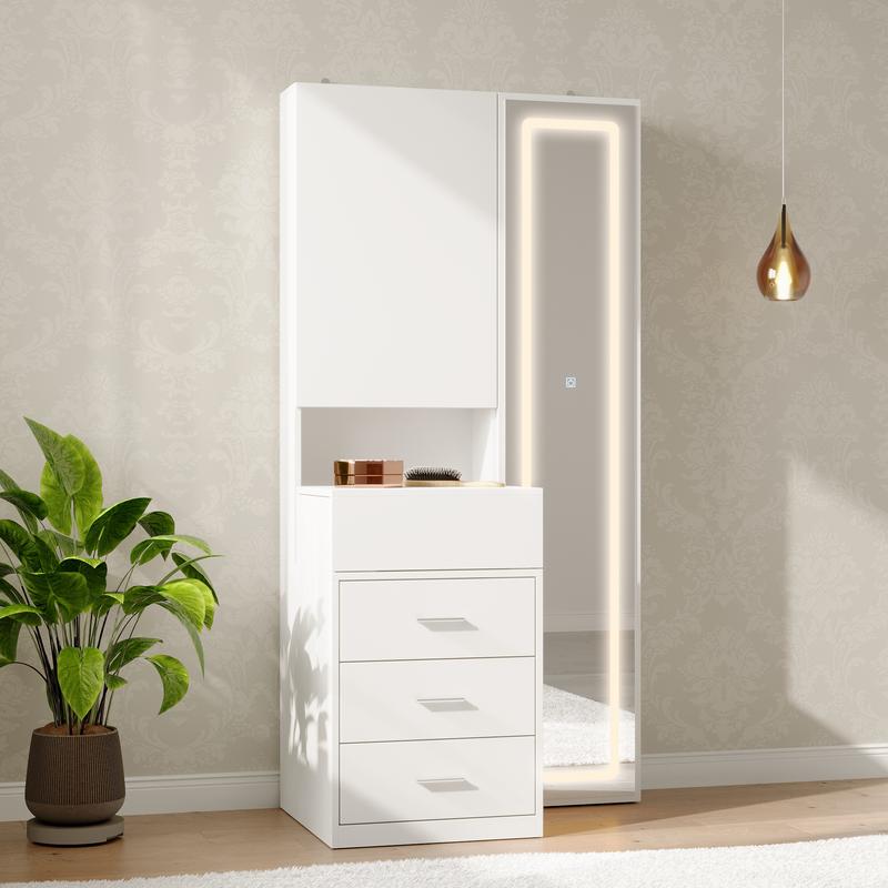 FUFU&GAGA Makeup Vanity Desk with Mirror and 3-Colors Lights, Dressing Table with 3 Drawers and Door Sliding Tabletop