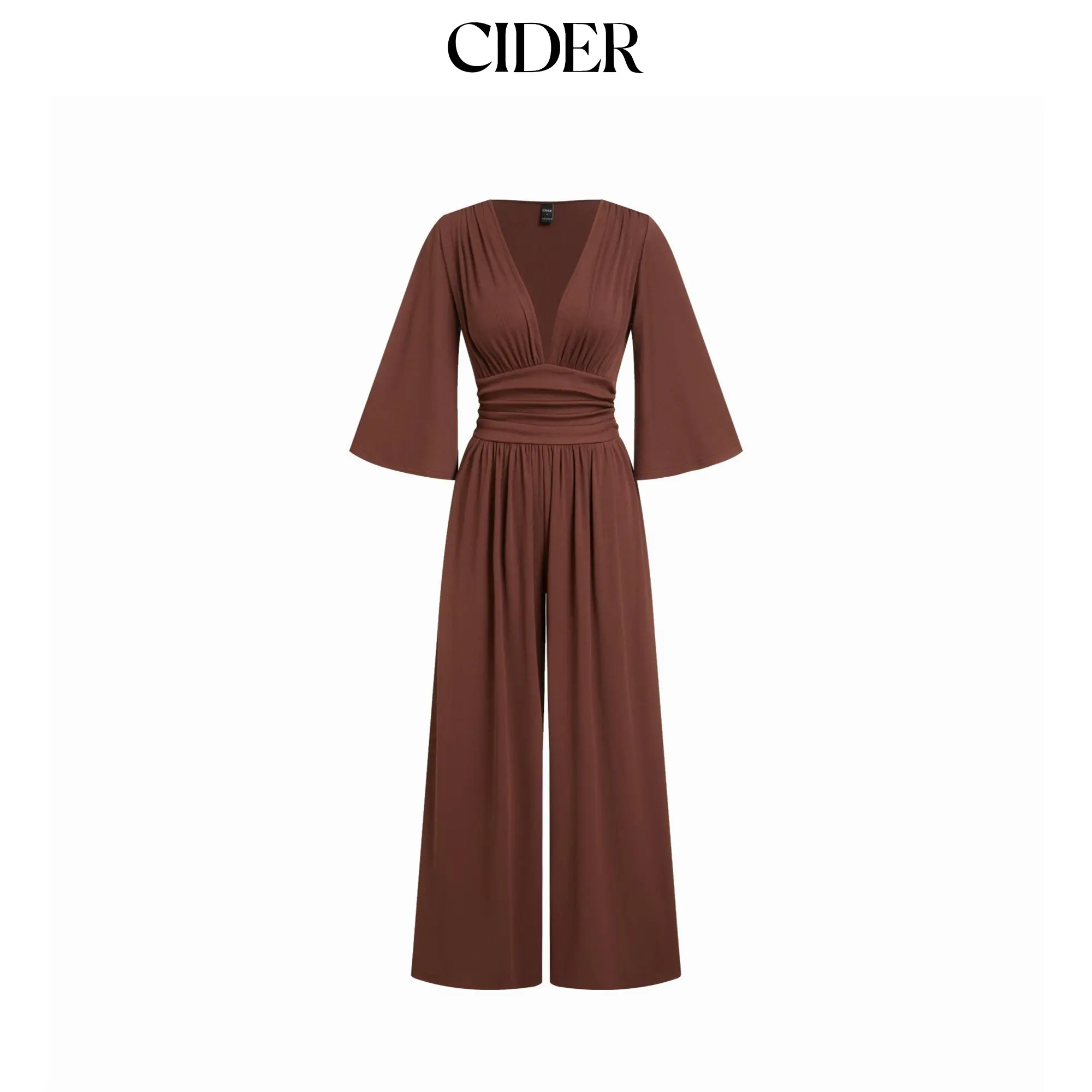 Cider Textured V-neck Bell Sleeve Ruched Wide Leg Oversized Jumpsuit