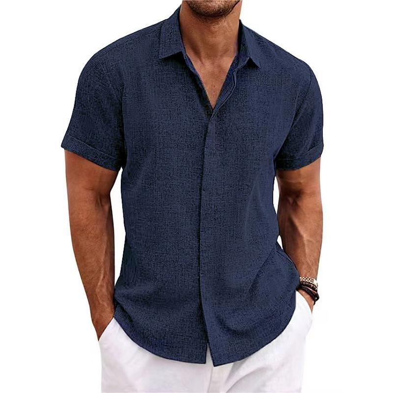 Men's Plain Linen-Polyester Short-Sleeve Button-Down Shirts - Loose-Fitting, Collared Neck, Lightweight, Breathable, Skin Friendly, Street Casual Tops for Daily, Semi-Formal Menswear