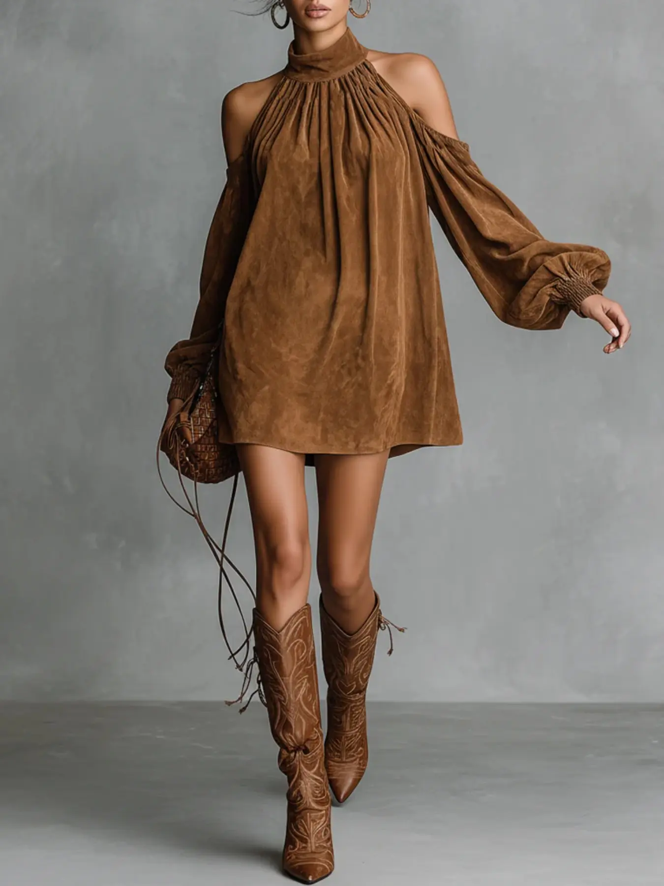 2026 Retro Halter Neck Dress, Western Style Bubble Sleeve, Loose Fit Vintage Pleated High Neck, Spring & Fall Fashion
