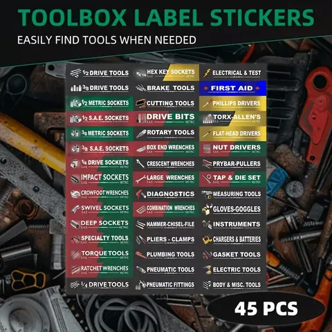 45-Piece Tool Box Organizer Label Set, Includes Labels, Toolbox Labels, Durable Waterproof Labels for Easy Tool Identification, Efficient Work Space for Garage & Studio Use