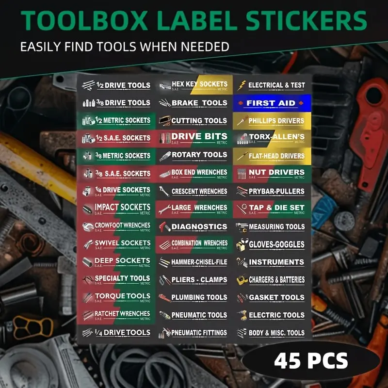 45-Piece Tool Box Organizer Label Set, Includes Labels, Toolbox Labels, Durable Waterproof Labels for Easy Tool Identification, Efficient Work Space for Garage & Studio Use