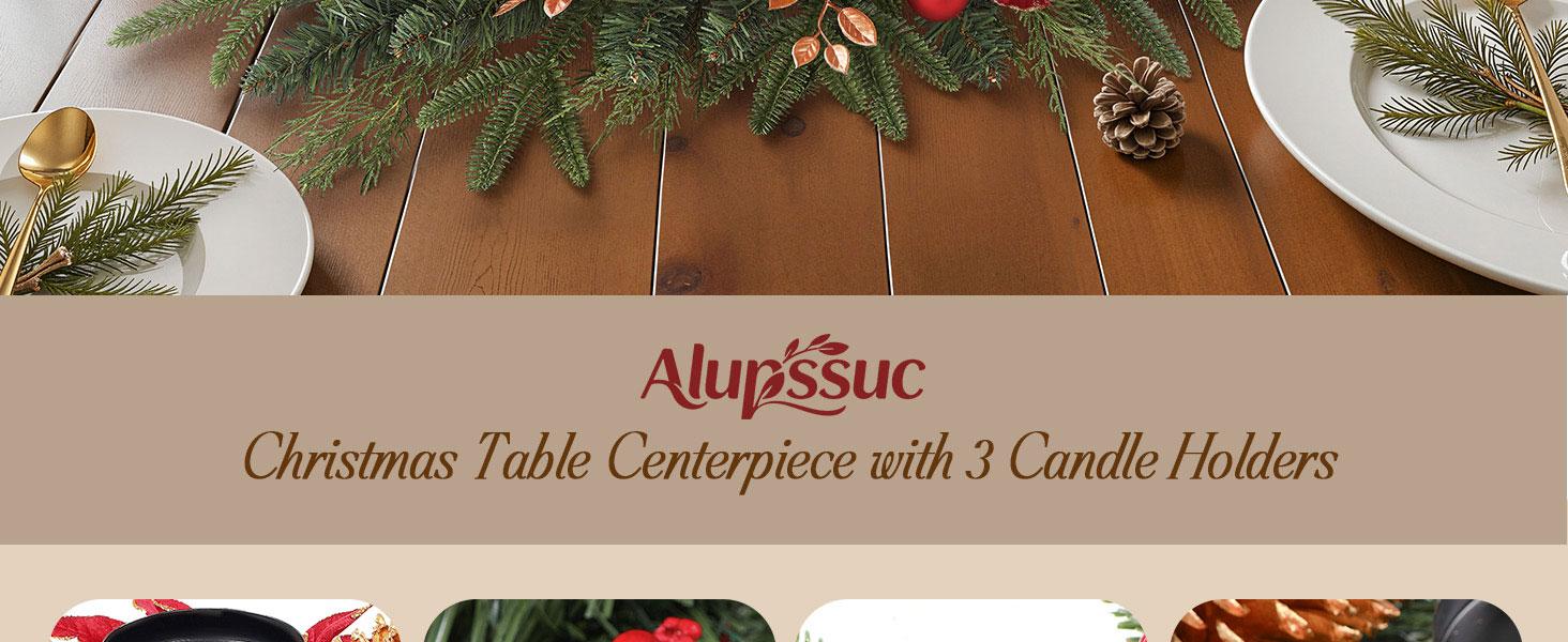 36 Inch Christmas Table Centerpiece with 3 Candle Holders, Baubles, Pine Cones, Red Berries & Spruce Branches – Indoor Holiday Decor