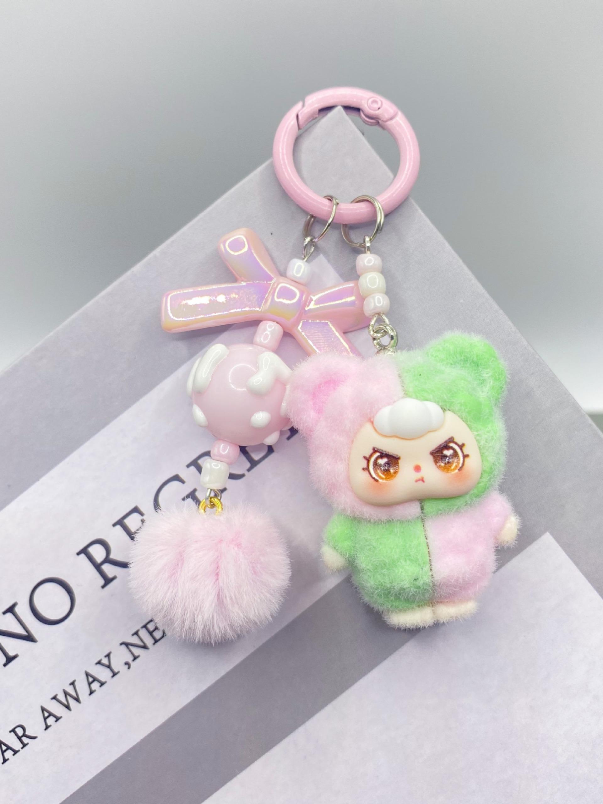 Kawaii Cute Dopamine Flocked 3-Year-Old Doll Keychain, Color Block Bow Moe Beads Bag Charm, Sweet Backpack Pendant Car Key Ornament Phone Strap, Ideal Birthday Christmas Valentine's Day Gift for Student Girls
