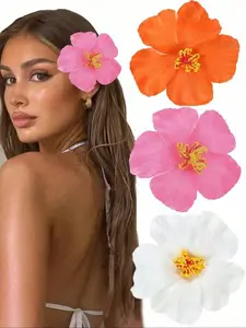 3pcs Tropical Hibiscus Flowers, Hawaii Luau Party Decorations, Hula Girl Hair Accessories, Summer Beach & DIY Floral Decor