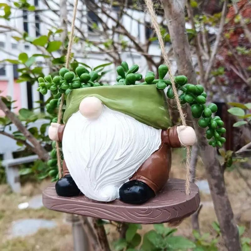 Cute Gnome Dwarf Swing Hanging Planter, Resin Craft Outdoor Garden Patio Decor, Weather-Resistant & Durable, New Christmas Plant Pot