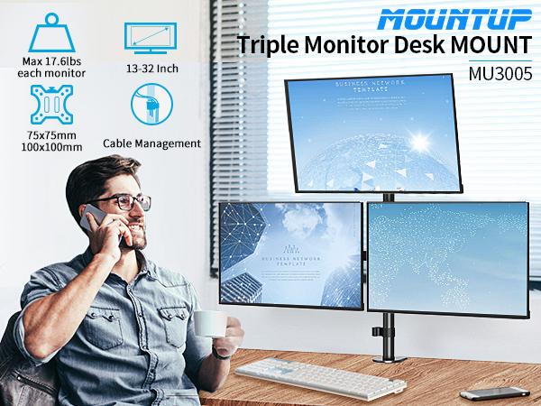 MOUNTUP 17"-32" Triple Monitor Stand for Desk Holds Up to 17.6 lbs per Arm, MU3005