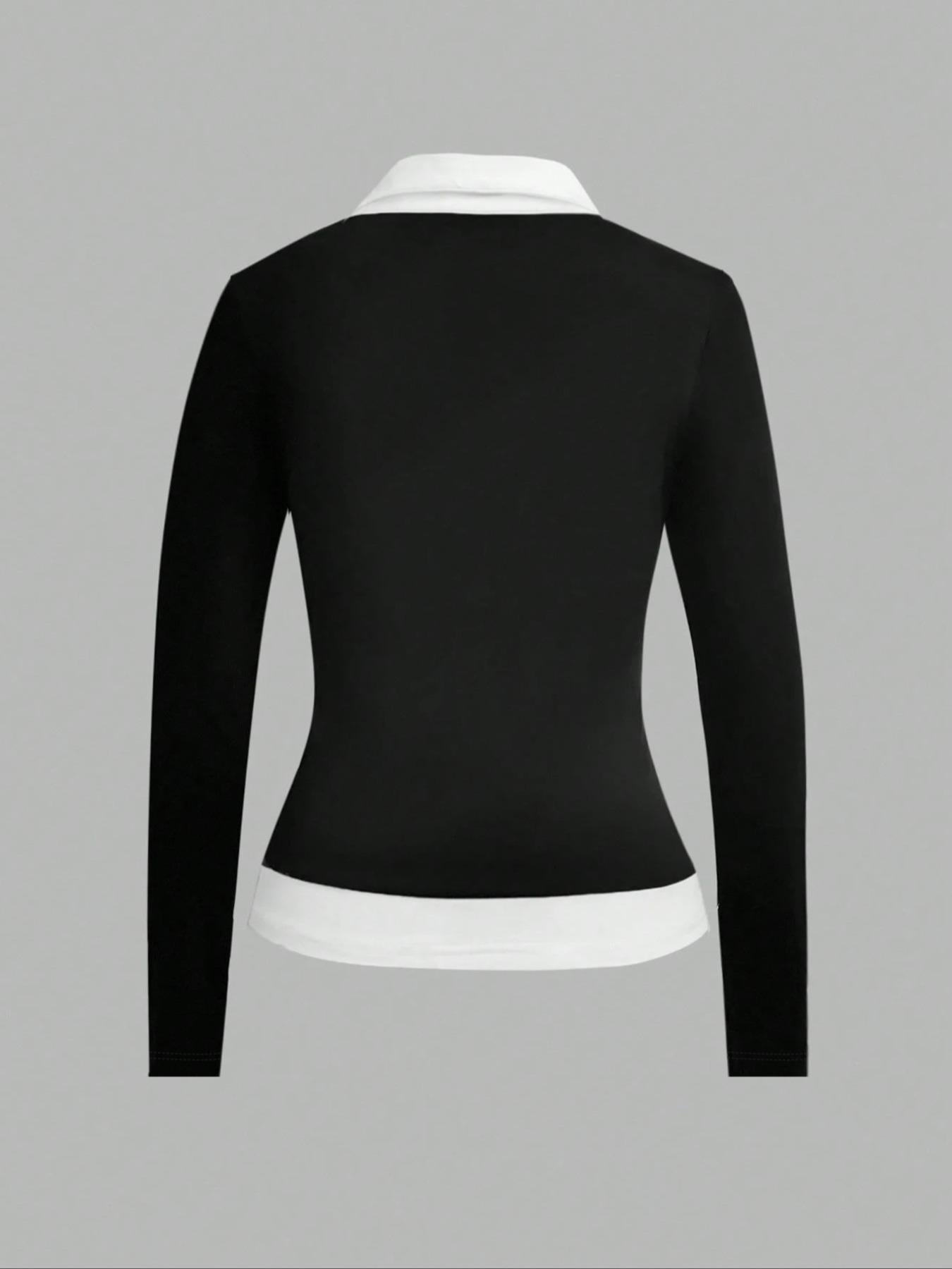 Women's Colorblock patchwork Faux Two-piece Shirt Collar Slim Fit Long Sleeve Top, Simple Comfortable Daily Wear,Versatile Stylish Blouse