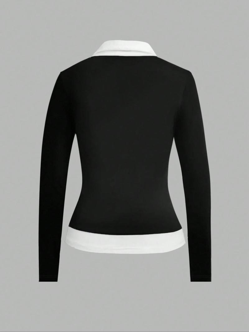Women's Colorblock patchwork Faux Two-piece Shirt Collar Slim Fit Long Sleeve Top, Simple Comfortable Daily Wear,Versatile Stylish Blouse