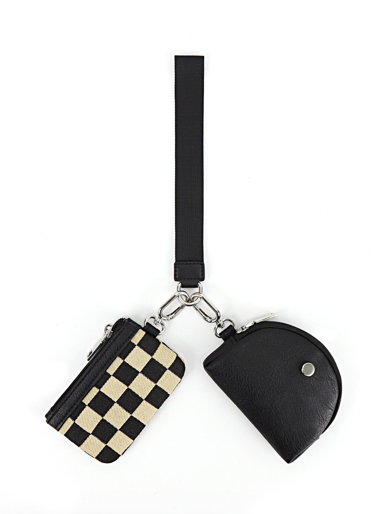 wristlet coin purse, 2 in 1 mini pouch set, checkered card holder, detachable dual pouches, vintage mini wallet, key coin bag, women small wrist wallet, retro pu zipper pouch, card coin organizer, daily carry mini bag