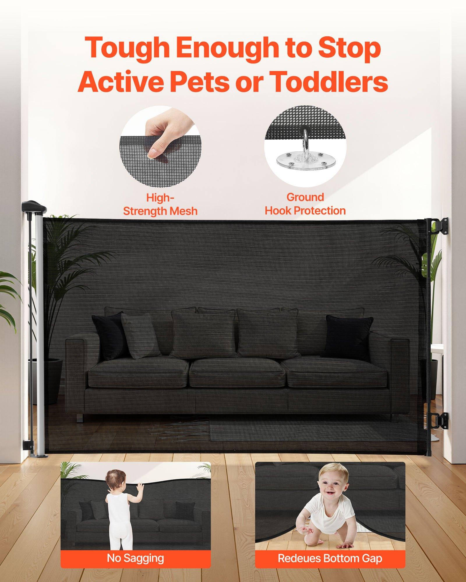 VEVOR Mesh Fabric Retractable Baby Gate - 57 in Wide Extendable, 38.5 in Tall, Security Lock, Easy-to-Use Walk-Through, Tripping-Free, for Stairs, Hallways, Black Indoor/Outdoor Pet Gate