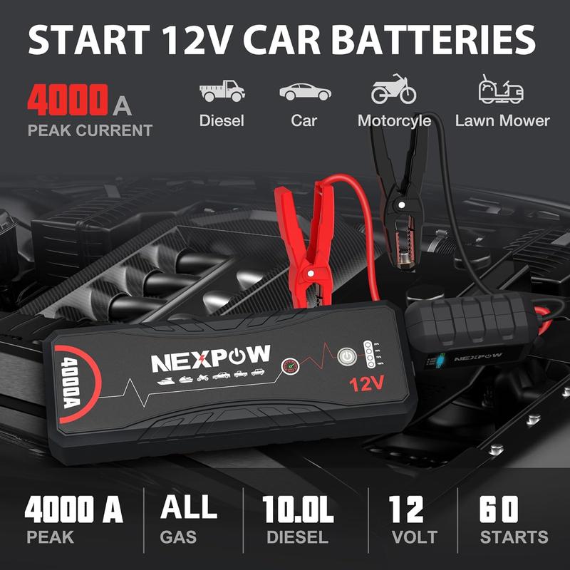 NEXPOW Car Jump Starter 4000A Car Battery Jump Starter Portable Pack for Up to All Gas and 10.0L Diesel Engine 12V Jump Box, Jump Pack, Battery Booster, Portable Jumper Cables with LED Light/USB QC3.0