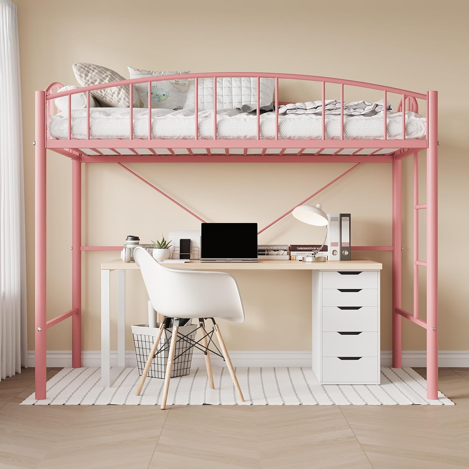 Loft Bed Twin Size, Heavy Duty Metal Loft Bed Frame with Arched Guardrail and Safety Ladder, Space-Saving, No Box Spring Needed