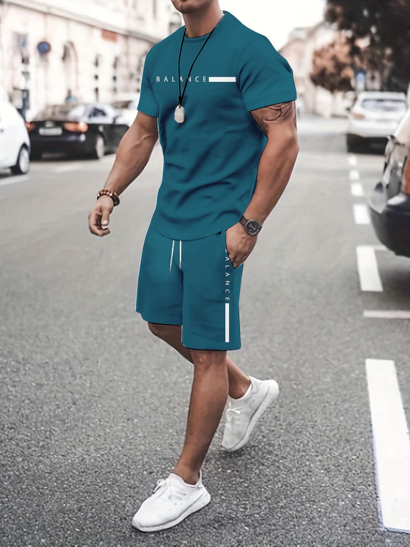 Men's Gradient Fitness Short Sleeve Set, Summer Trendy Sportswear Casual Two-Piece, Fitted Tee and Shorts, Regular Length