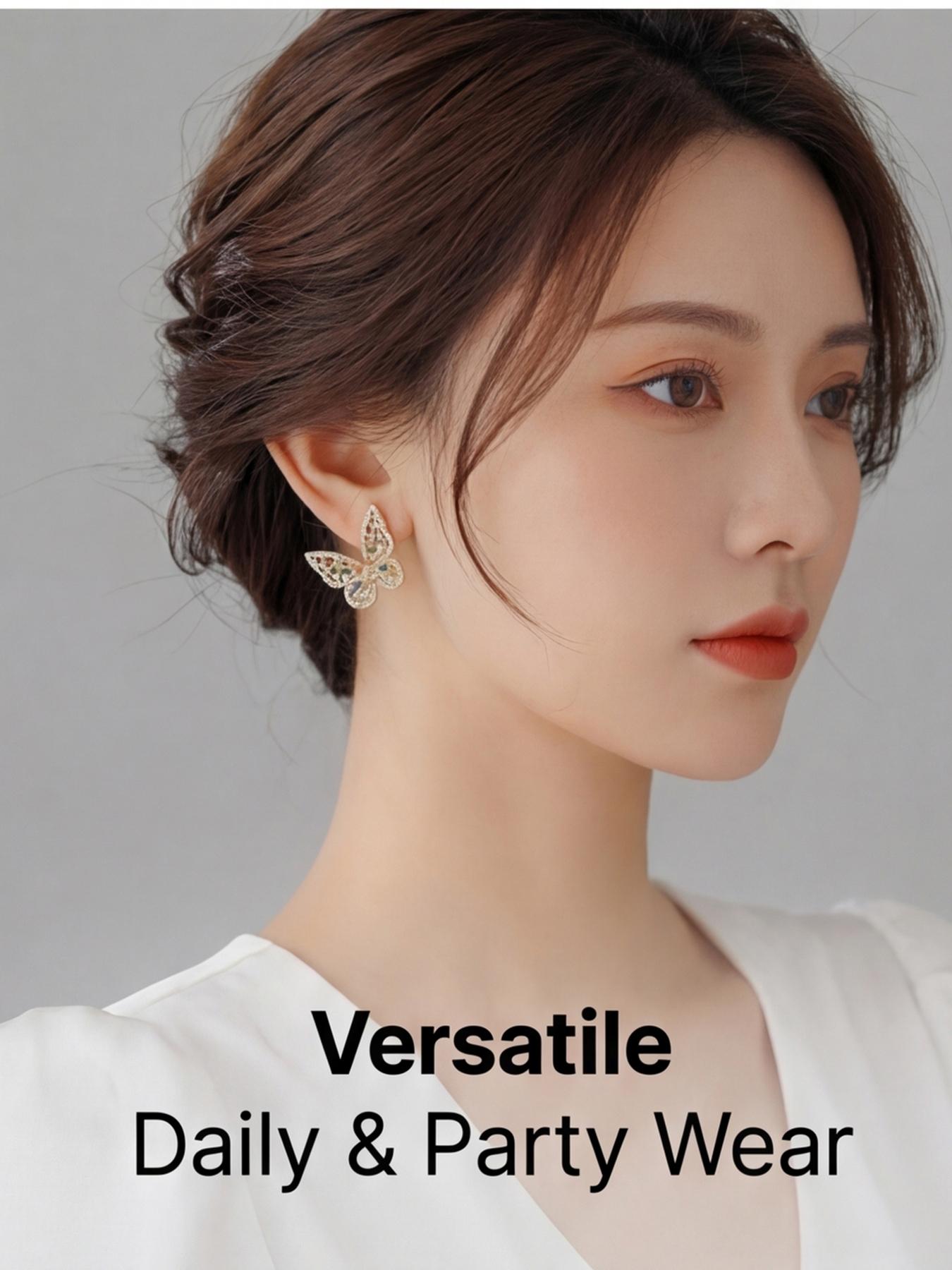 Women's Hypoallergenic Luxury Rainbow Crystal Butterfly Stud Earrings, Gold Plated Full Paved Multi-Color Rhinestone Inlaid Statement Earrings, Fashion Jewelry for Party Wedding Everyday Wear & Gift