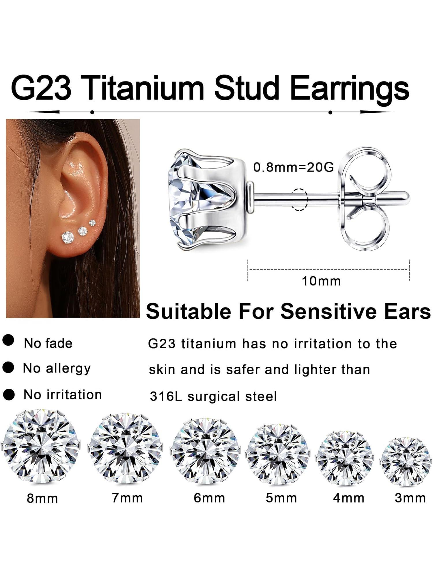 6 Pairs Titanium Stud Earrings for Women Men Cubic Zirconia Hypoallergenic Stud Earrings Set for Sensitive Ears 3-8mm