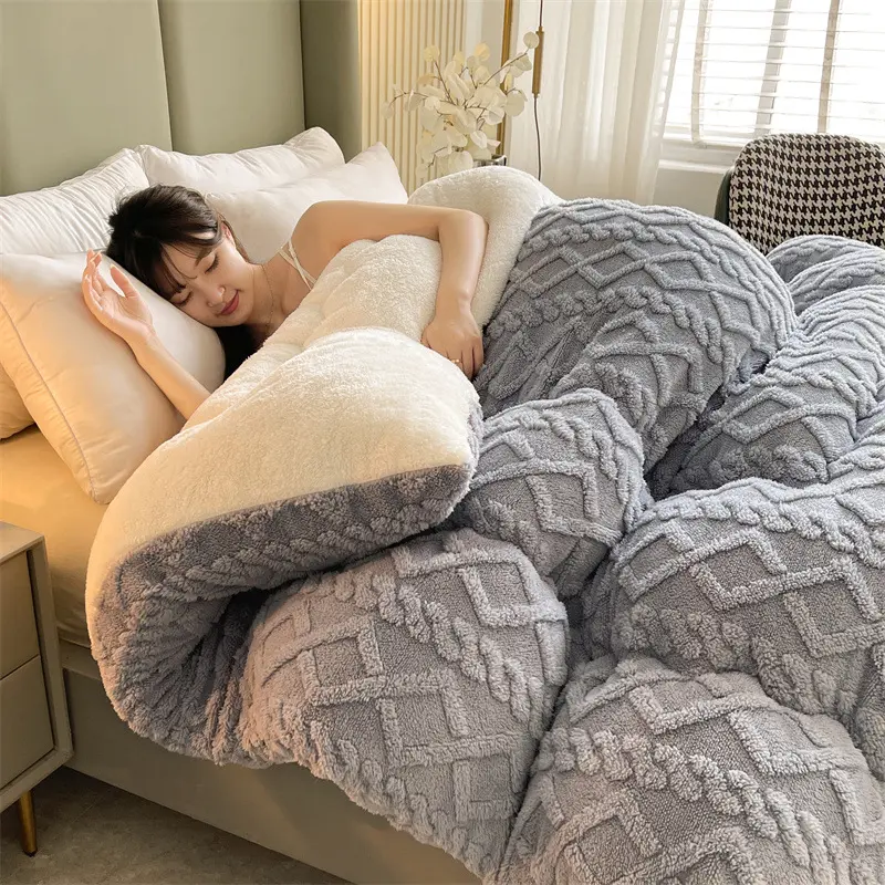 Thickened Winter Quilt with Taffeta & Lamb Fleece, Warm Milk Velvet Comforter for Single/Double Beds & Dorm Rooms