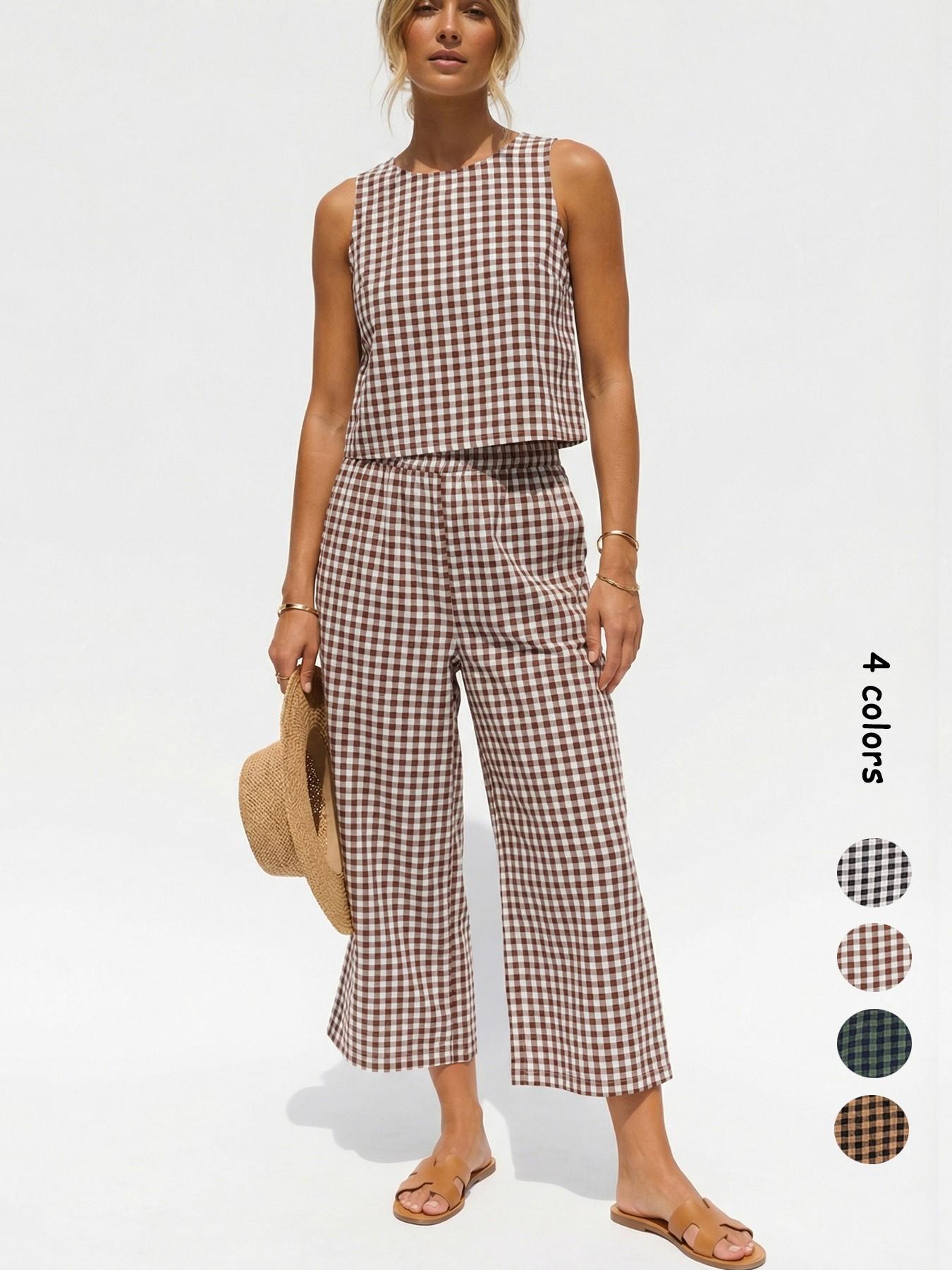 Women's Summer Plaid Vest Set, Elastic Waist Pocket Wide Leg Pants, Casual Comfortable Beach Vacation, Daily Wear, Casual Fashion Set Women's Summer Plaid Vest Set, Elastic Waist Pocket Wide Leg Pants, Casual Comfortable Beach Vacation, Daily Wear, Casual Fashion Set