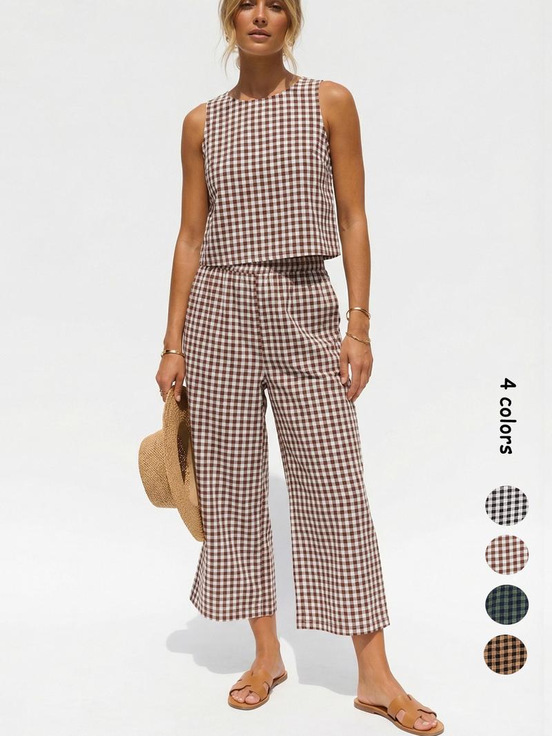 Women's Summer Plaid Vest Set, Elastic Waist Pocket Wide Leg Pants, Casual Comfortable Beach Vacation, Daily Wear, Casual Fashion Set