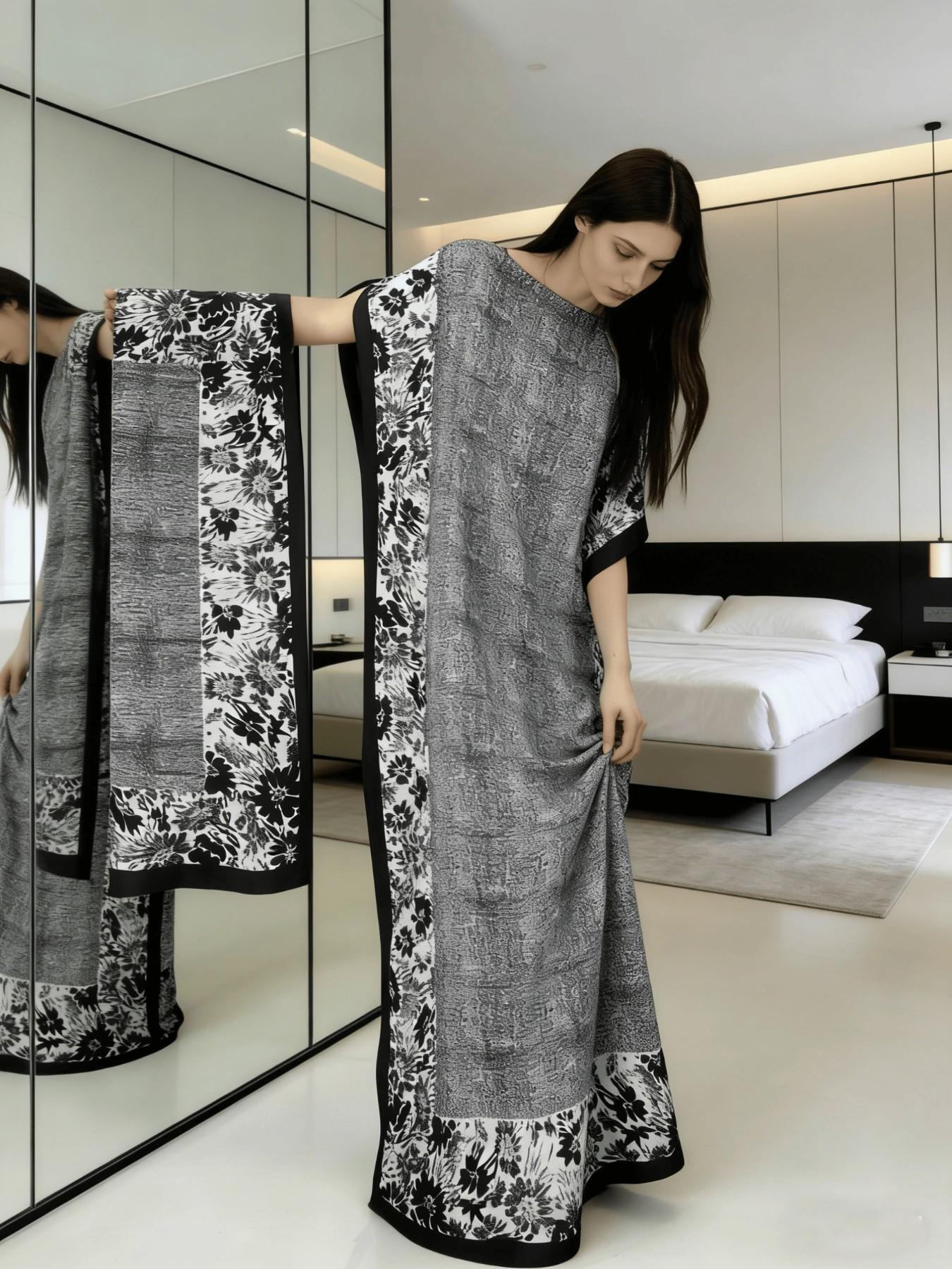 1dress+1scarf Viral Camel Tie-Dye Print Satin Kaftan Maxi Dress with Matching Scarf – Silky Loose Fit, Plus Size Friendly, Luxury Loungewear, Beach Cover Up & Evening Party Wear, Must-Have Resort Fashion Piece