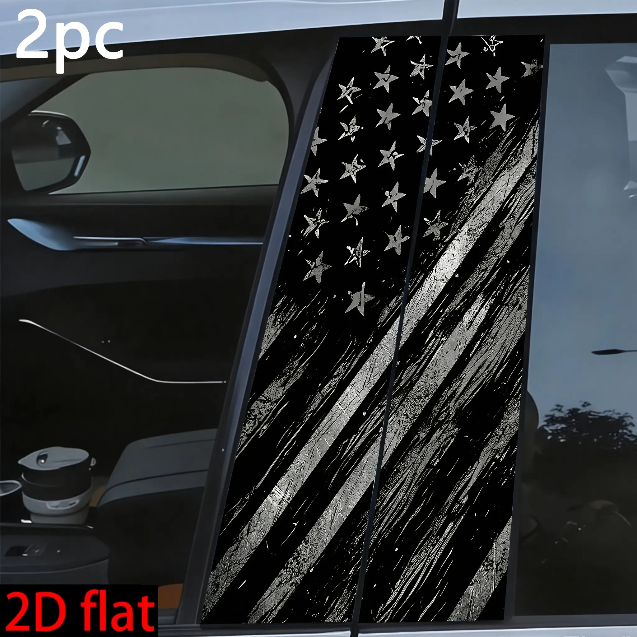 2D Flat, 2-Pack Distressed American Flag Car B-Pillar Decals - 2D Flat Waterproof Vinyl Stickers, Tactical Black Flag  Car Window Decor, Suitable for Sedans, Trucks, SUVs, 2D Flat