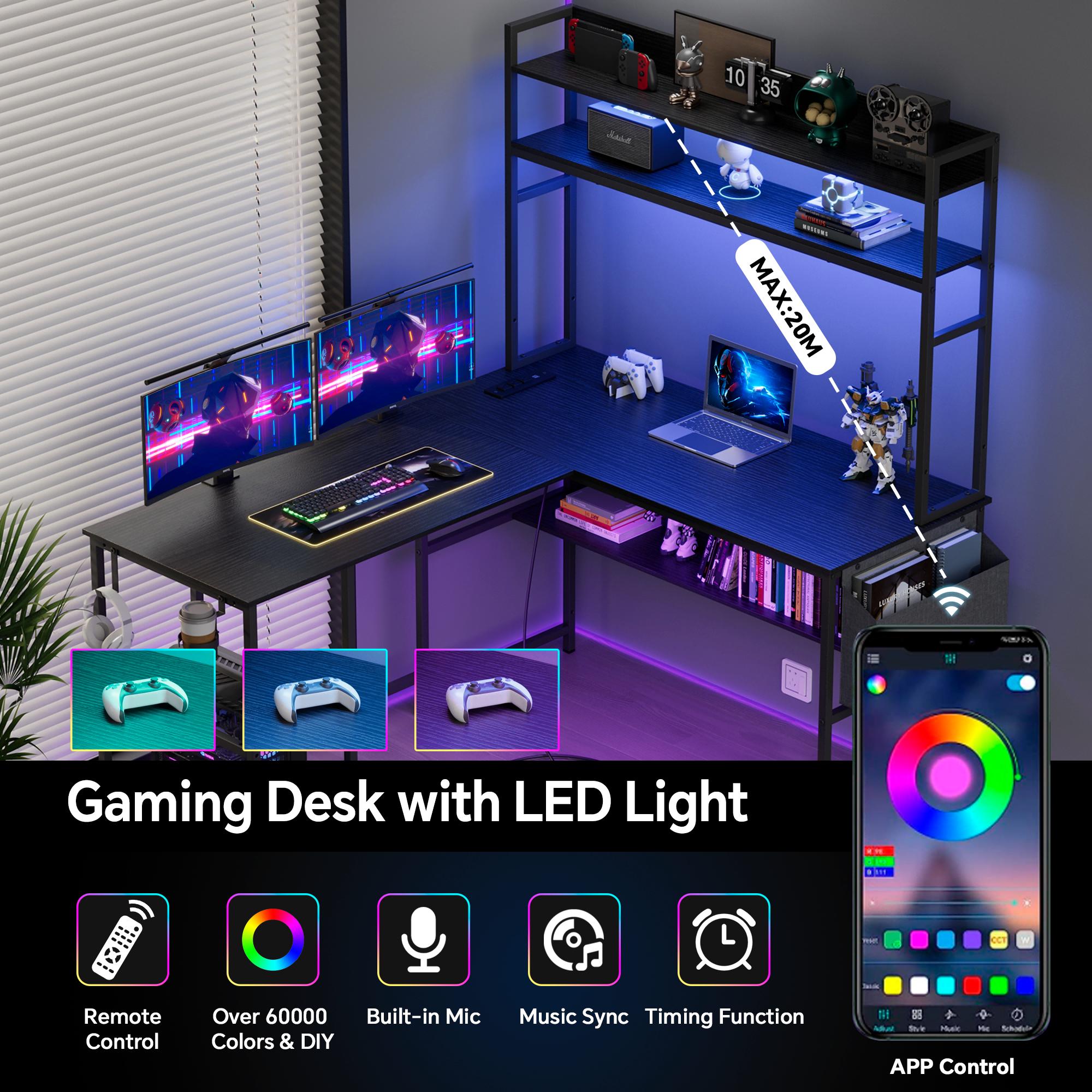 Mr IRONSTONE L Shaped Gaming Desk with LED Lights & Power Outlets Computer Desk with Office Desk with Storage Shelf, Headphone Hook,Cup Holder