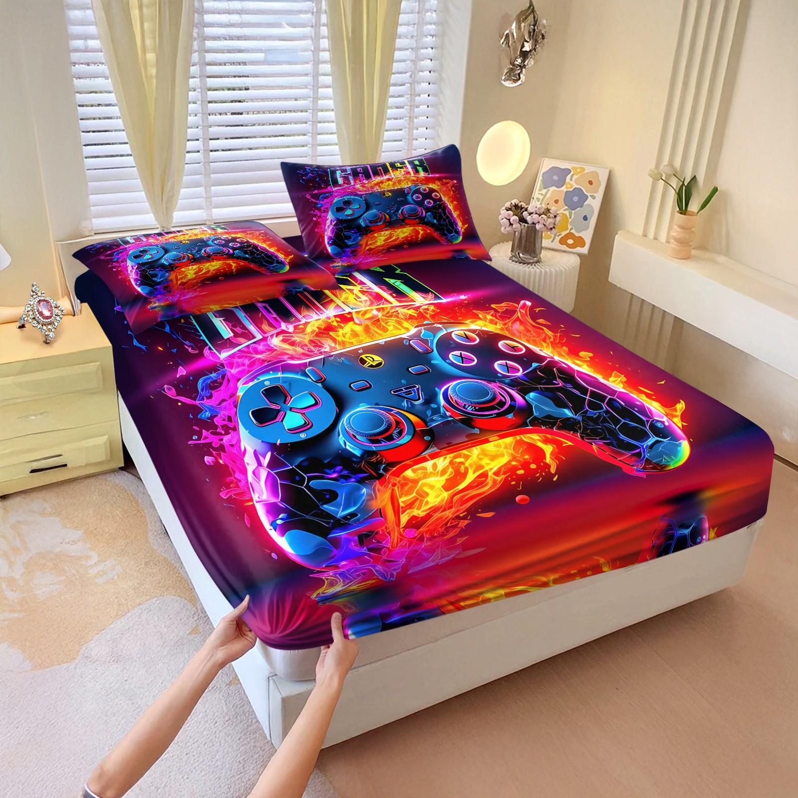 Futuristic, Modern Flair, Energetic Gaming Controller 3pcs Fitted Sheet Set, Flame Neon Effects, Dynamic Vibrant Digital Printed Bedding Set, Comfort Ultra-Fine Fiber Bed Cover, Stylish Energetic Home Decoration, Includes 2 Pillowcases, No Pillow Core