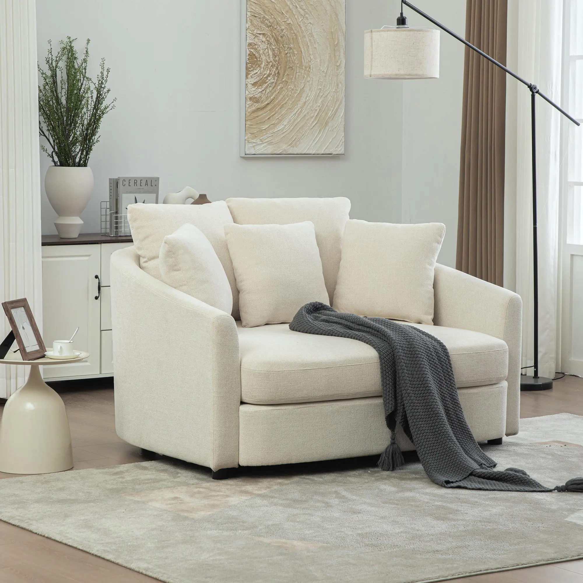 Oversized Round Upholstered Cuddle Chaise with 5 Pillows, Beige Chenille Barrel Accent Chair for Living Room, Bedroom, Office